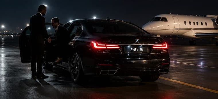 Black BMW 760 M Series beside a private jet at night